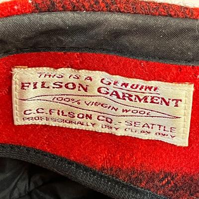 RED, BLACK PLAID FILSON WOOL OUTDOORSMAN'S CAP WITH EAR FLAPS, BRIM