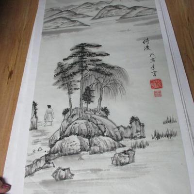 Chinese Painted Art On Rice Paper Approx 26 1/4