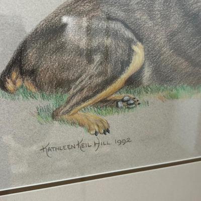 Signed Kathleen Kiel Hill hand drawing of Doberman, pincher, dog, professionally framed 1992