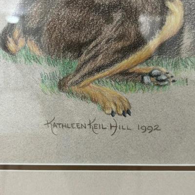Signed Kathleen Kiel Hill hand drawing of Doberman, pincher, dog, professionally framed 1992