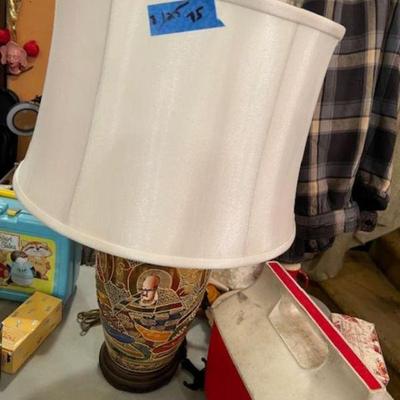 Antique Satsuma gold leaf and enameled with relief deity images and new cond silk shade
Dual socket WORKING LAMP  Reduced to $75 