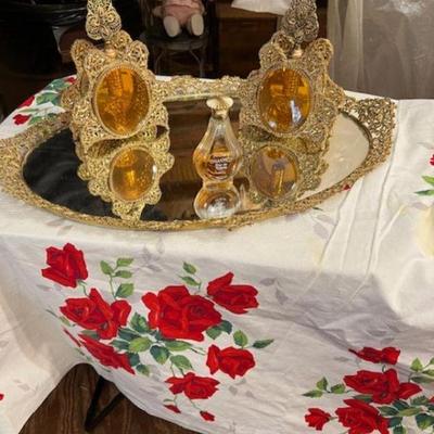 Antique Victorian Hollywood Regency Gilded Ormolu Dresser tray and Amber Ormolu Perfume Decanters  Mint Cond