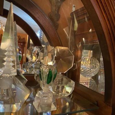 Antique Crystal Perfume bottles 1 w exotic Pagoda inlay The Bigger decanters  ones are in pairs