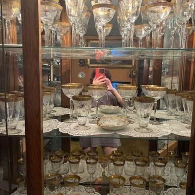 1930s Tiffin 24k rimmed etched stemware 70 piece set  Martini or sherbert, water, cocktail, cordial, wine  
Perfect for holiday table...
