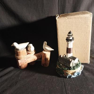 MONTAUK POINT LIGHTHOUSE TRINKET BOX AND SEAGULL FIGURINES