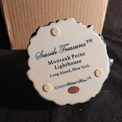 MONTAUK POINT LIGHTHOUSE TRINKET BOX AND SEAGULL FIGURINES