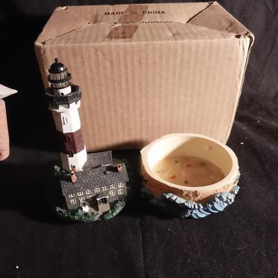 MONTAUK POINT LIGHTHOUSE TRINKET BOX AND SEAGULL FIGURINES
