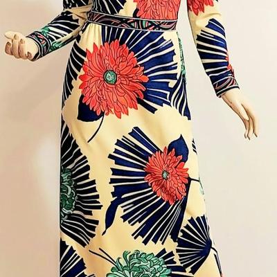 Vtg 1960s Mr Robert Abstract Floral print Maxi dress Bold Colors