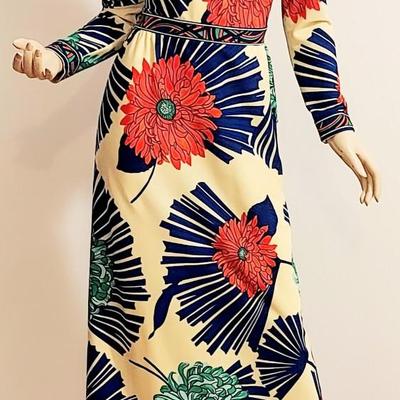 Vtg 1960s Mr Robert Abstract Floral print Maxi dress Bold Colors