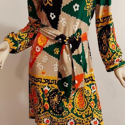 Vtg 70s Toni Lynn Jersey Mini dress w/Sash
