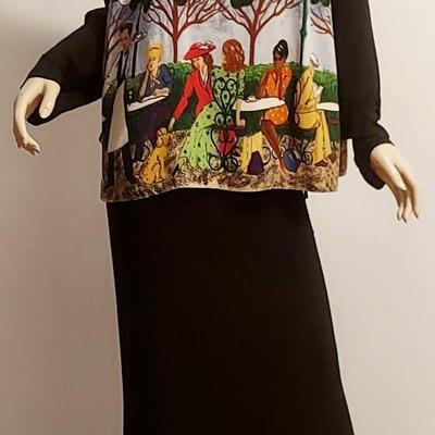 Vtg 80s Sheath Maxi dress French Cafe People printed Scene