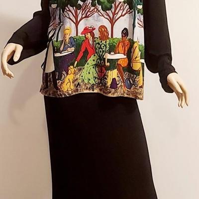 Vtg 80s Sheath Maxi dress French Cafe People printed Scene