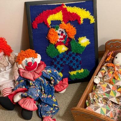 Dolls, clowns & doll crib