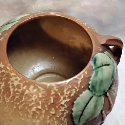 1938 Roseville Fuchsia Brown Handled Ceramic Bowl Vase 347-6