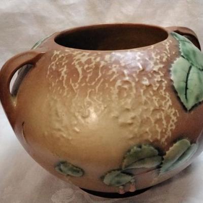 1938 Roseville Fuchsia Brown Handled Ceramic Bowl Vase 347-6