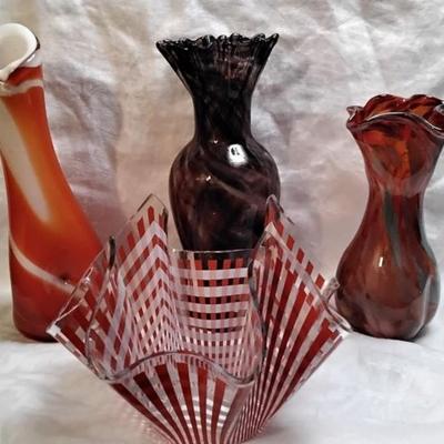 Red Splatter Glass With Ruffle Top, Tiger Eye Ruffle Top Vase, 1960s Chance Brothers Handkerchief Vase, Orange and White Swing Dimple Vase.