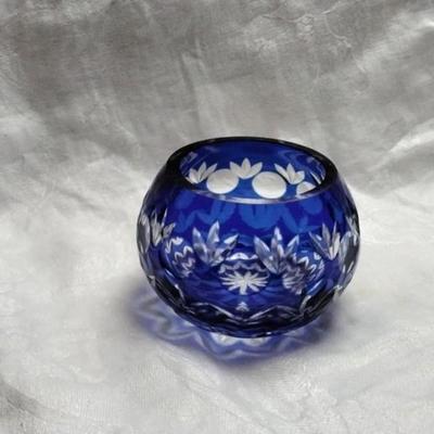 Czech Cobalt Blue Rose Bowl Cut To Clear Crystal Bohemian Vase