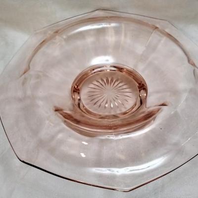 Rare `1920s Etched Curved Footed Pink Depression Glass Octagon Bowl