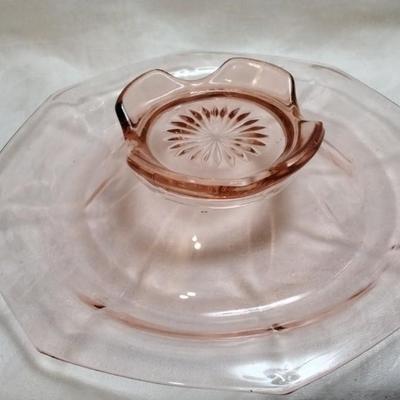 Rare `1920s Etched Curved Footed Pink Depression Glass Octagon Bowl