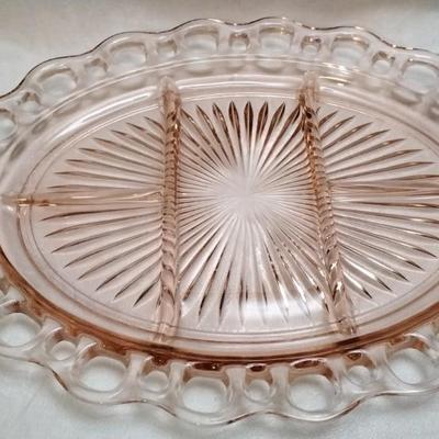 Hocking Glass Co, Open Lace Pink Depression Glass 5 Section Oval Platter