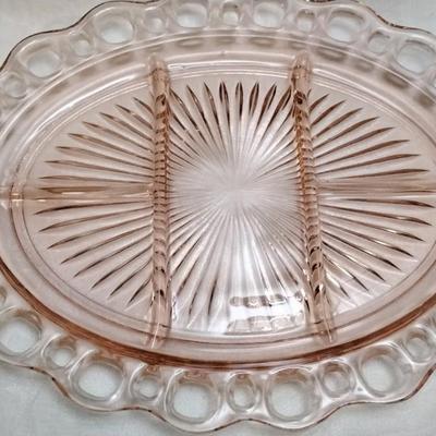 Hocking Glass Co, Open Lace Pink Depression Glass 5 Section Oval Platter