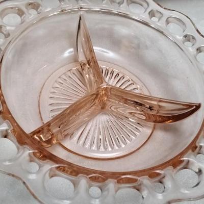 Hocking Glass Co. Open Lace Pink Depression 3 Section Condiment Bowl