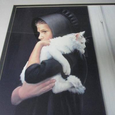 Framed Signed Amish Girl With Cat Approx 28 1/2