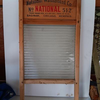 Antique National Washboard Co. National 512 glass and wood framed washboard.