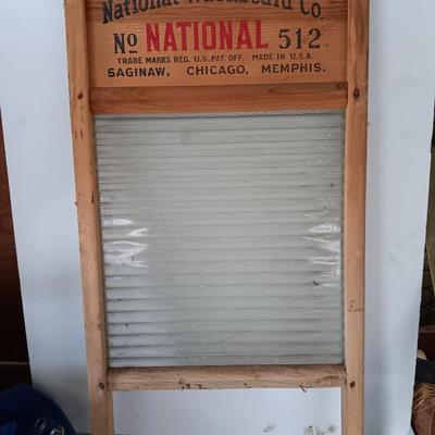 Antique National Washboard Co. National 512 glass and wood framed washboard.