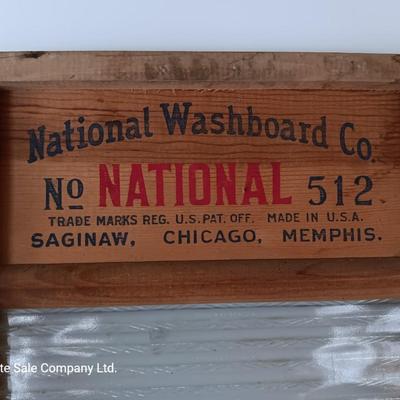Antique National Washboard Co. National 512 glass and wood framed washboard.