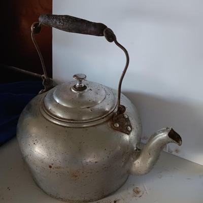 Antique wooden handled aluminum tea kettle