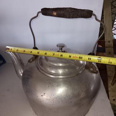 Antique wooden handled aluminum tea kettle
