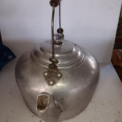 Antique wooden handled aluminum tea kettle