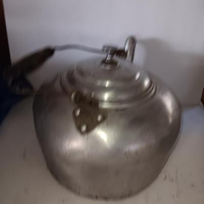 Antique wooden handled aluminum tea kettle