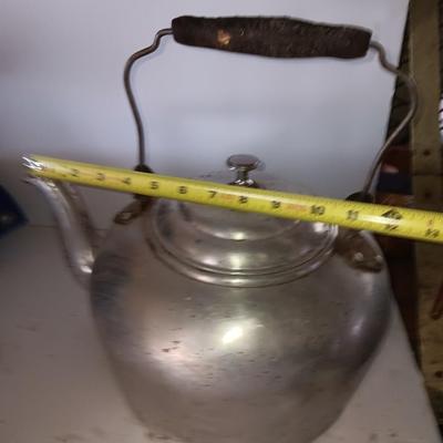 Antique wooden handled aluminum tea kettle