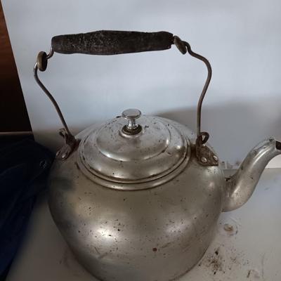 Antique wooden handled aluminum tea kettle