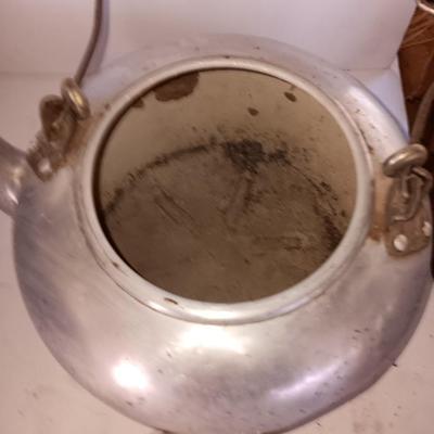 Antique wooden handled aluminum tea kettle