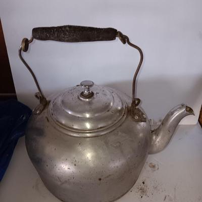 Antique wooden handled aluminum tea kettle