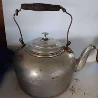Antique wooden handled aluminum tea kettle