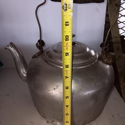 Antique wooden handled aluminum tea kettle