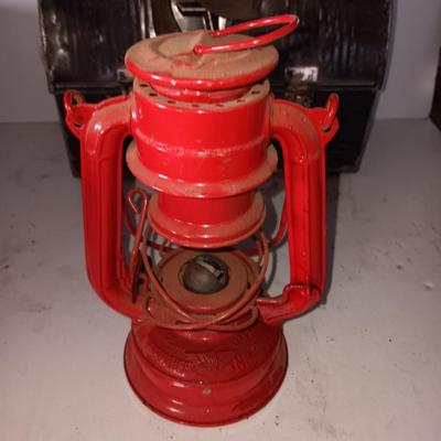 Vintage metal lunchbox - copper candle holder and a oil lantern without the globe
