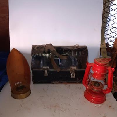 Vintage metal lunchbox - copper candle holder and a oil lantern without the globe