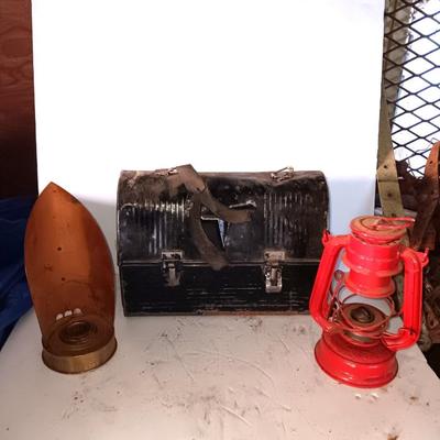 Vintage metal lunchbox - copper candle holder and a oil lantern without the globe