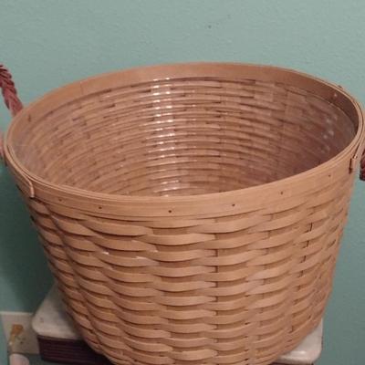 Large Longaberger Splint Wood Gathering Basket with Leather Braided Handles Signed