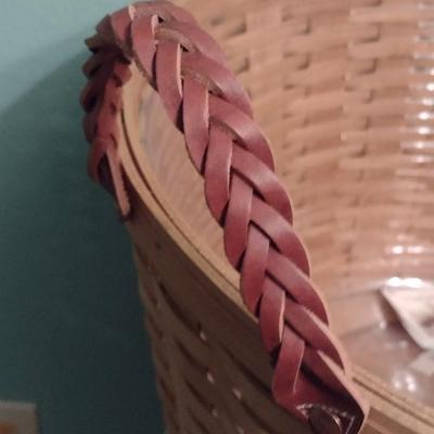 Large Longaberger Splint Wood Gathering Basket with Leather Braided Handles Signed