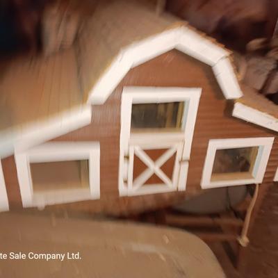 Handmade wood Constructed barn with lights inside Brown for kids play or display.