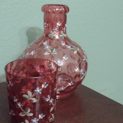 Vintage Cranberry Hand Painted Glass Decanter and Drinking Glass