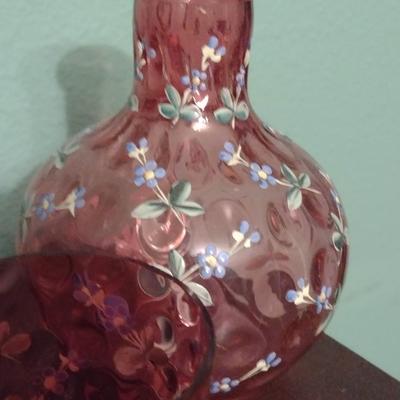 Vintage Cranberry Hand Painted Glass Decanter and Drinking Glass