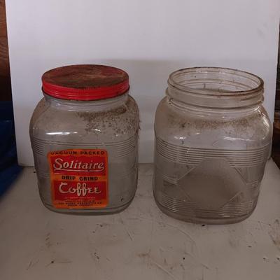 Two antique embossed design glass Coffee jars - Solitaire drip grind coffee