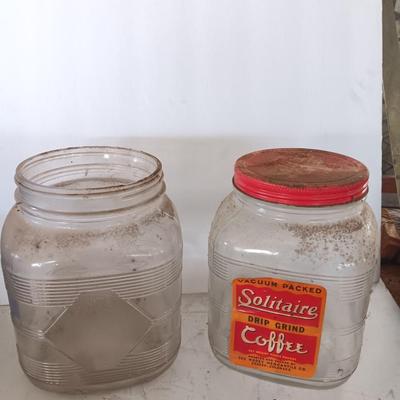 Two antique embossed design glass Coffee jars - Solitaire drip grind coffee